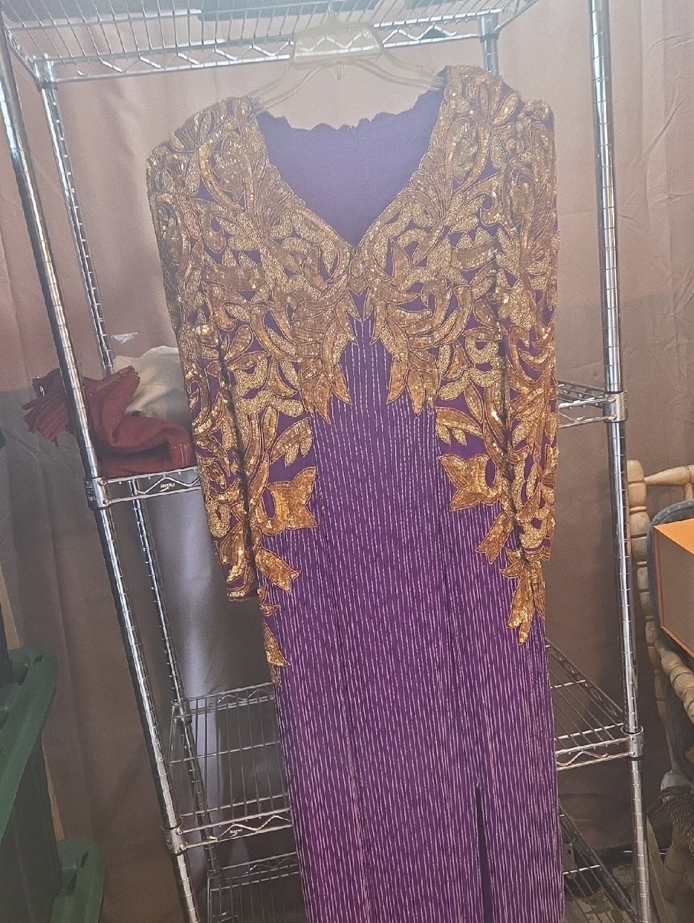 Leather and Sequins Purple Gown with Gold Sequin Overlay